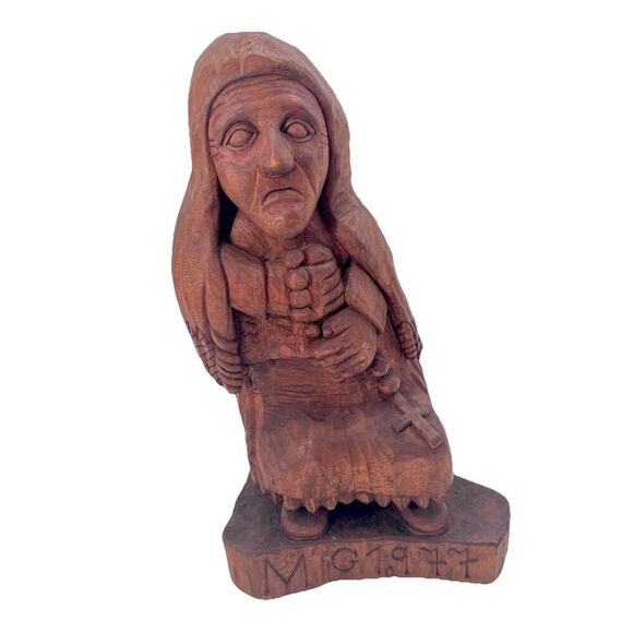 Vintage MG 1977 Folk Art Religious Woman Solid Hand Carved Wood Statue 16